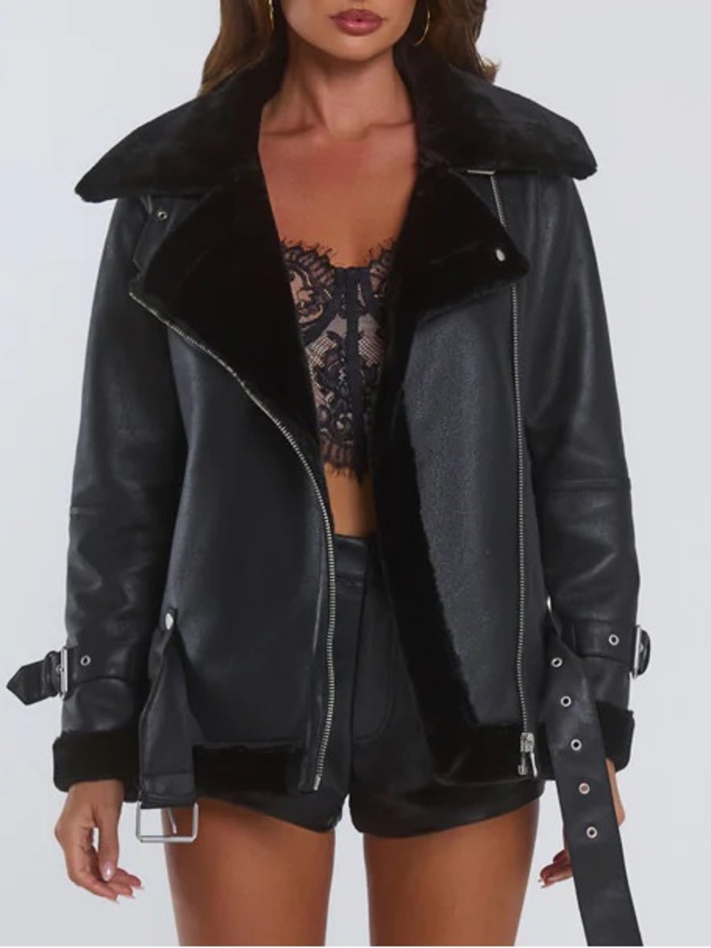 Hello Molly WHISPERS IN THE DARK FAUX LEATHER FUR JACKET BLACK